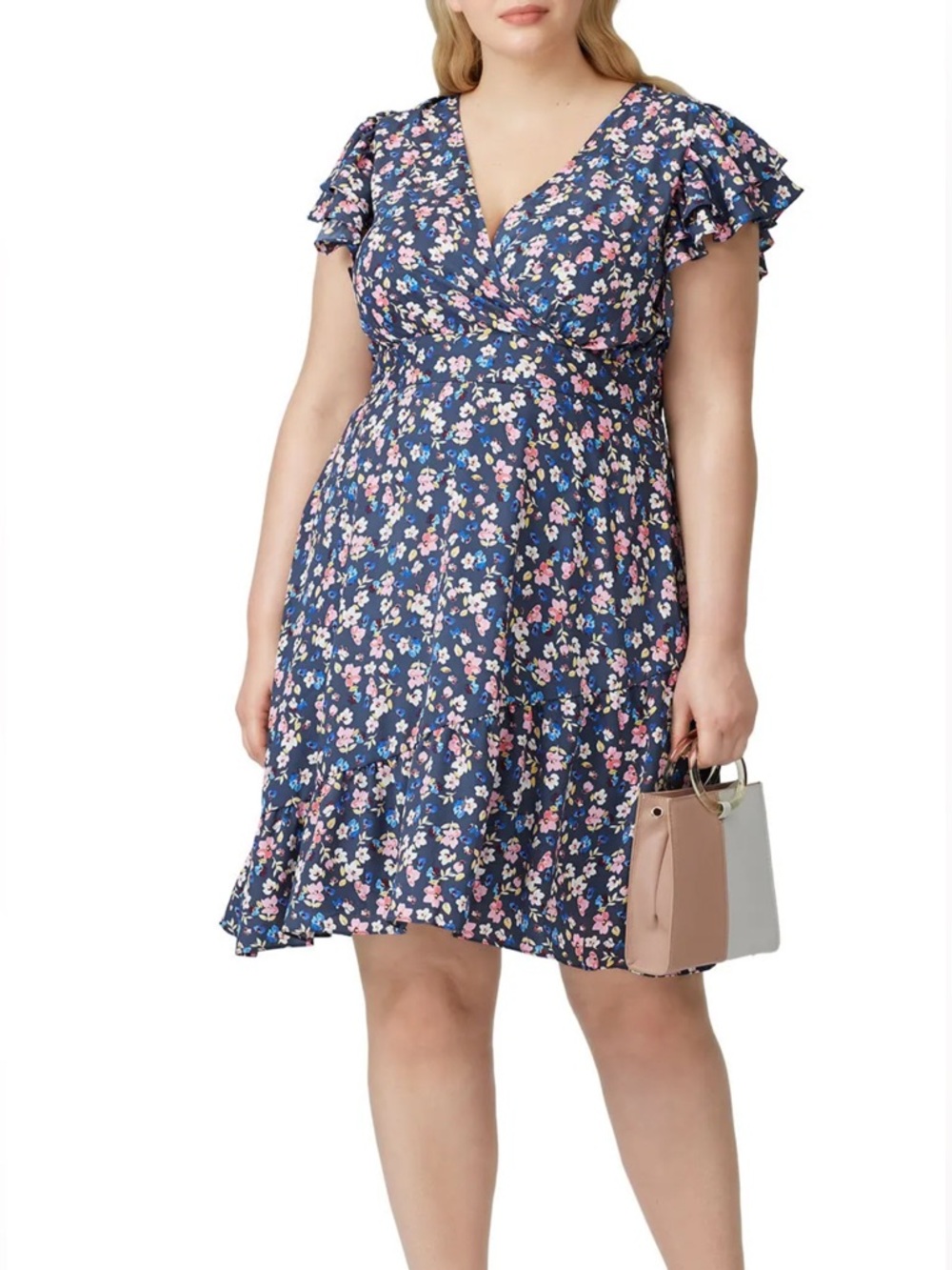 RACHEL Rachel Roy Navy Floral Wrap Dress with Pink & White Flowers